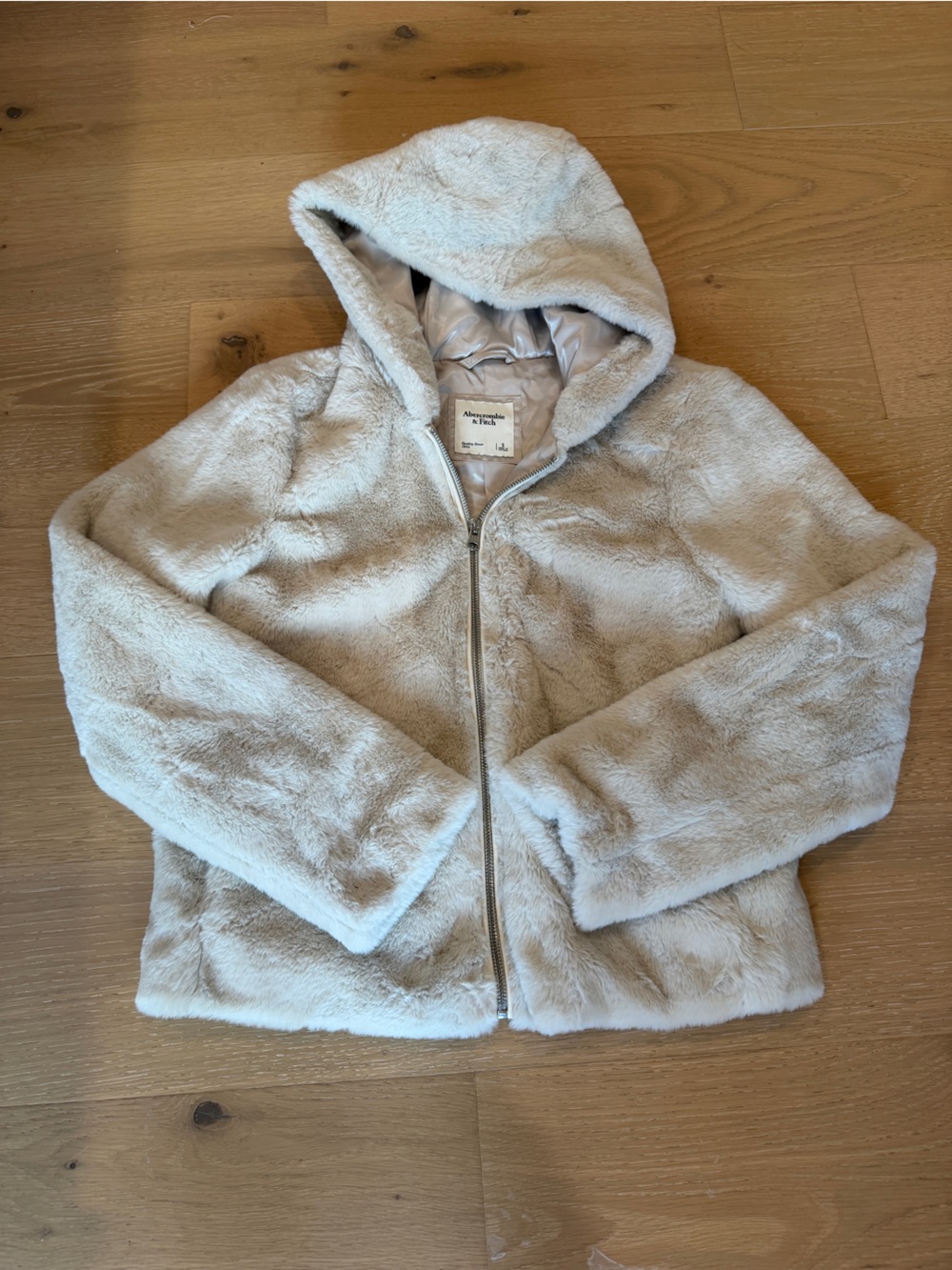 Abercrombie & Fitch Cream Plush Hooded Zip Jacket Faux Fur Small